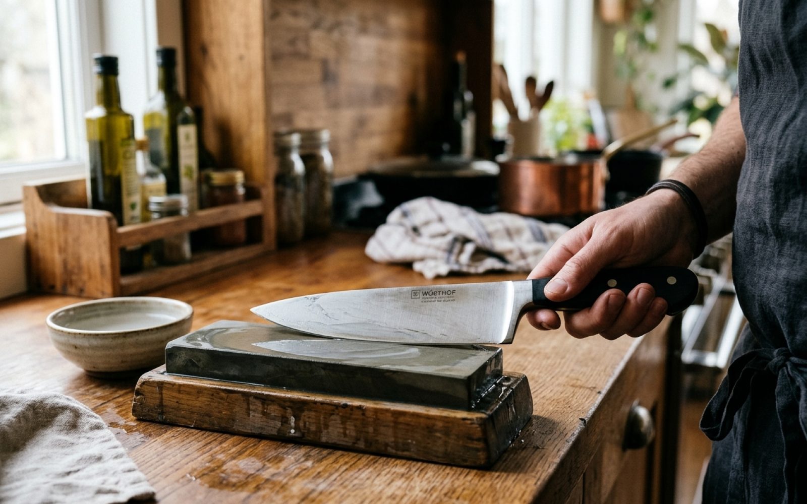Couteau de chef aiguisé sur une pierre