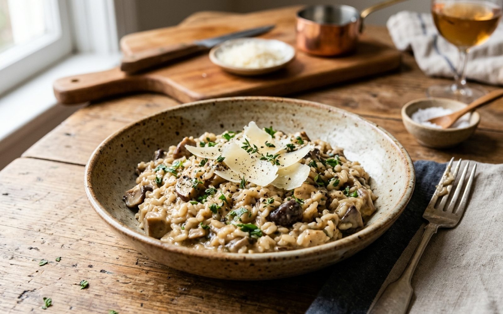 Risotto crémeux aux champignons et copeaux de parmesan