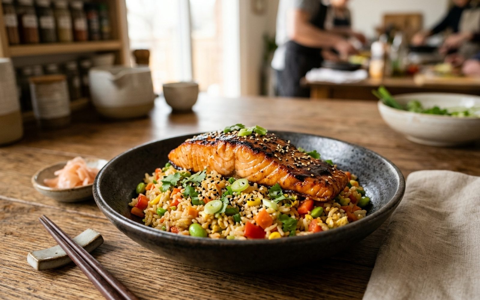 Saumon laqué au miso et riz sauté aux légumes