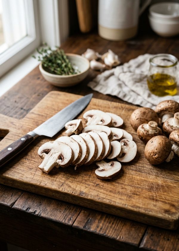 Champignons émincés sur une planche