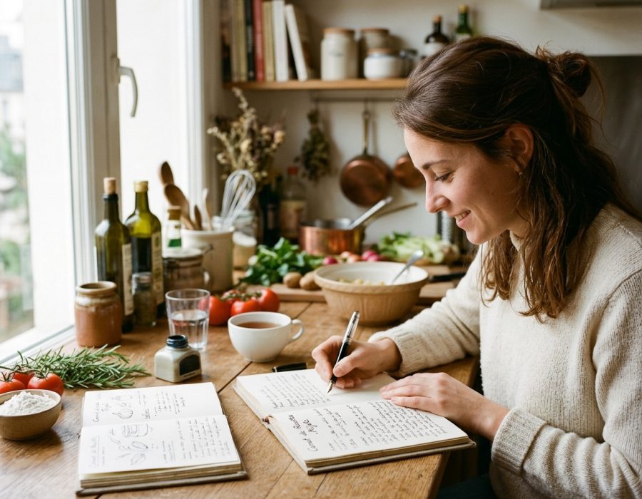 Personne notant une recette dans un carnet en cuisine